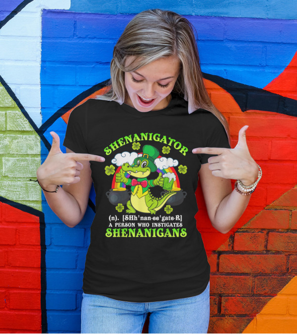 Shenanigator Definition Shenanigans Funny St Patrick Rainbow Leprechaun Crocodile T-Shirt