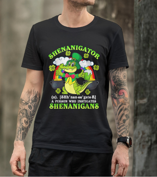 Shenanigator Definition Shenanigans Funny St Patrick Rainbow Leprechaun Crocodile T-Shirt