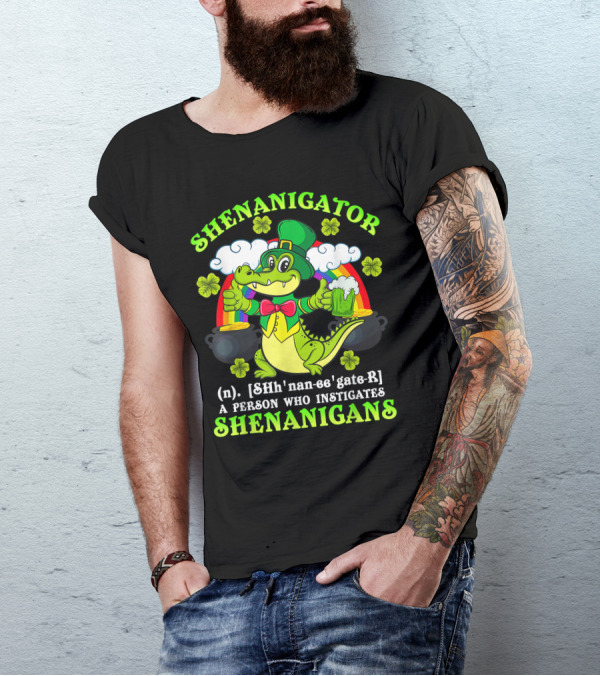 Shenanigator Definition Shenanigans Funny St Patrick Rainbow Leprechaun Crocodile T-Shirt
