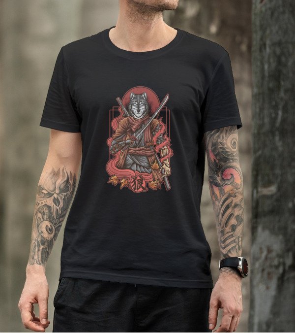 Shinobi Wolf Kanji Leaves Sword Flame T-Shirt
