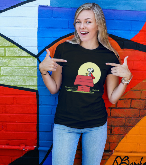 Snoopy Hero Cape Woodstock Moon Roofhouse T-Shirt