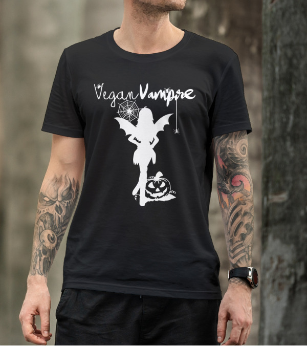 Vegan Vampire Silhouette With Spider Web And Pumpkin T-Shirt