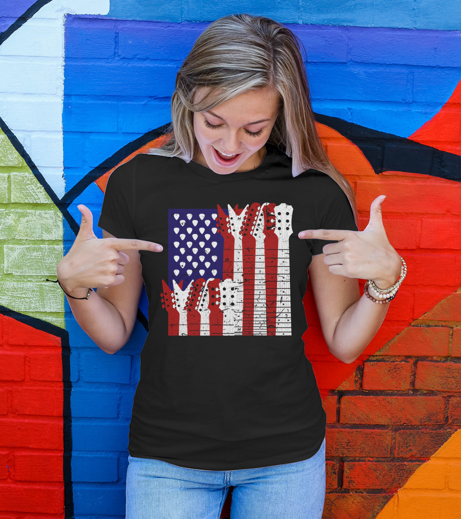 American Flag Guitar Headstocks Patriotic Music T-Shirt
