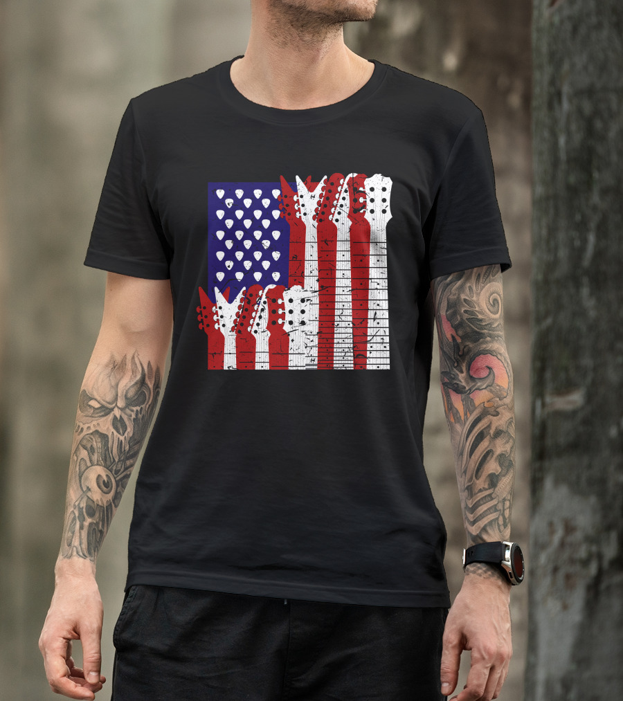 American Flag Guitar Headstocks Patriotic Music T-Shirt