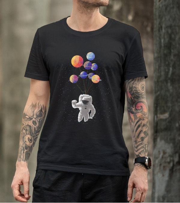 Astronaut Wandering In Space Colorful Planets Balloons Floating T-Shirt