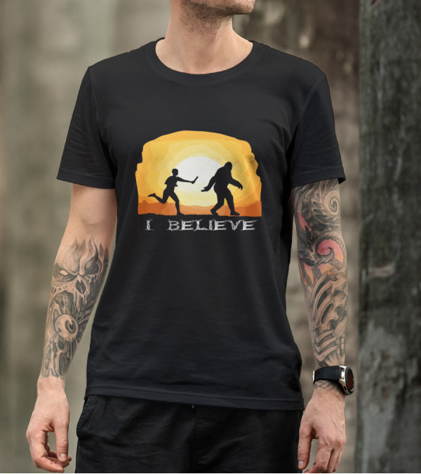 I Believe Bigfoot Crossing Passing Baton Sunset T-Shirt