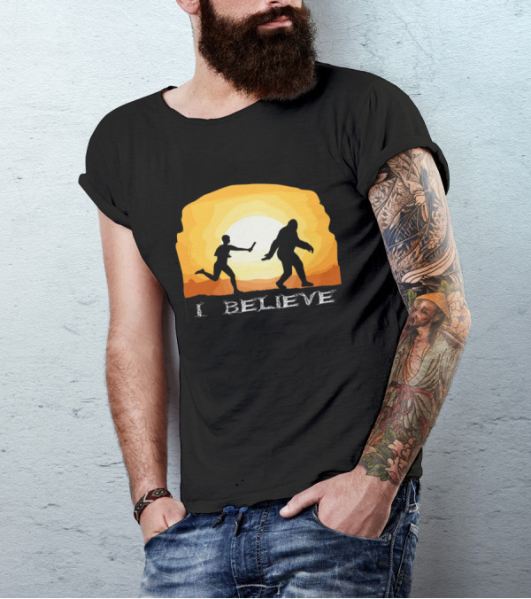 I Believe Bigfoot Crossing Passing Baton Sunset T-Shirt