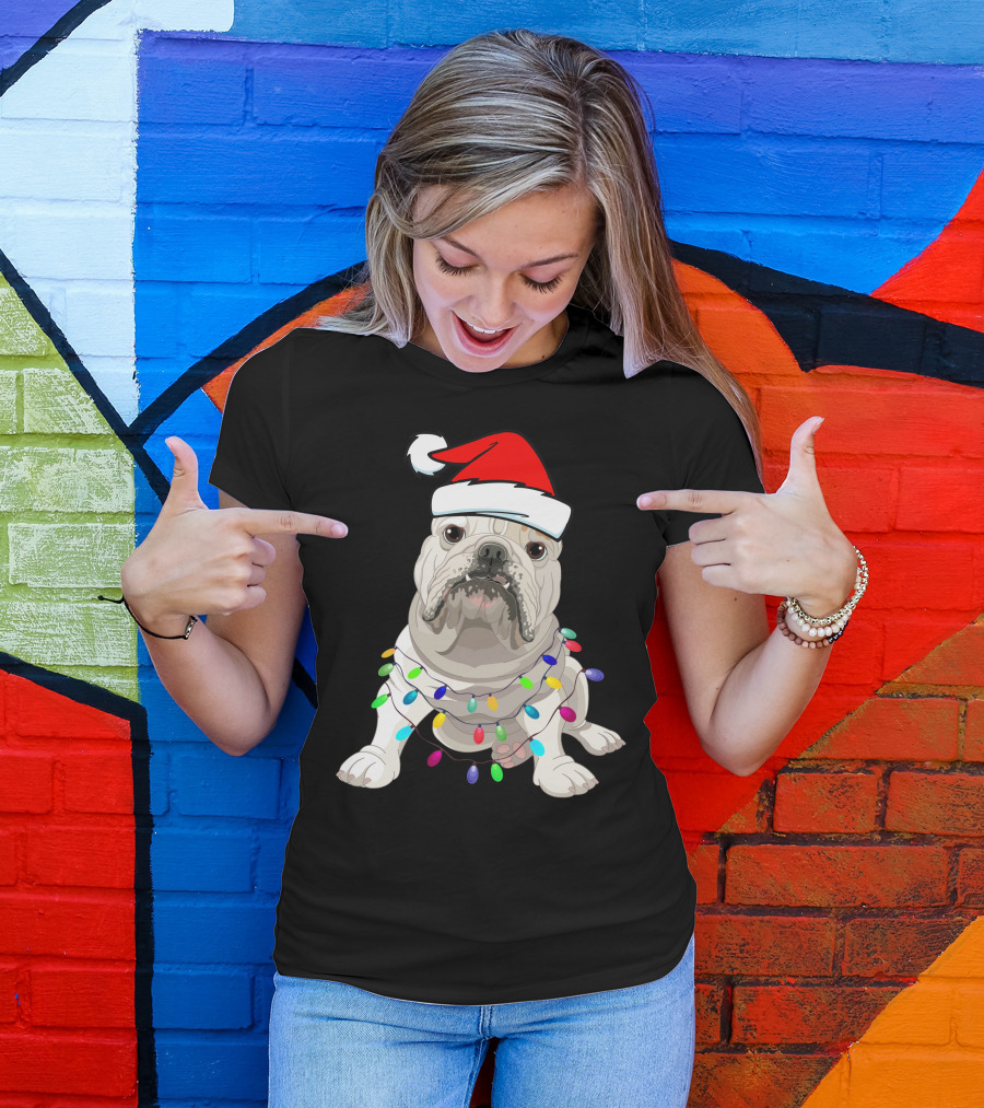 Bulldog Santa Christmas Lights T-Shirt