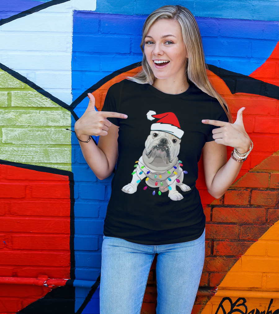 Bulldog Santa Christmas Lights T-Shirt