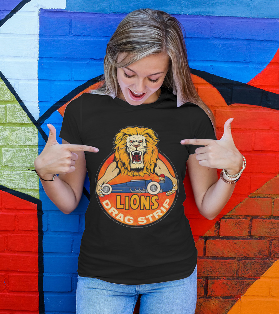 Lions Drag Strip Racing Emblem With Classic Car And Fierce Lion T-Shirt