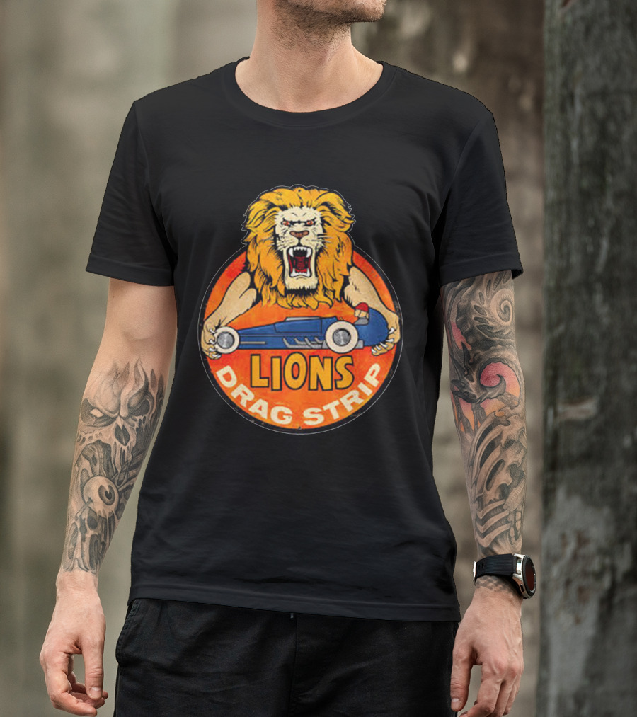 Lions Drag Strip Racing Emblem With Classic Car And Fierce Lion T-Shirt