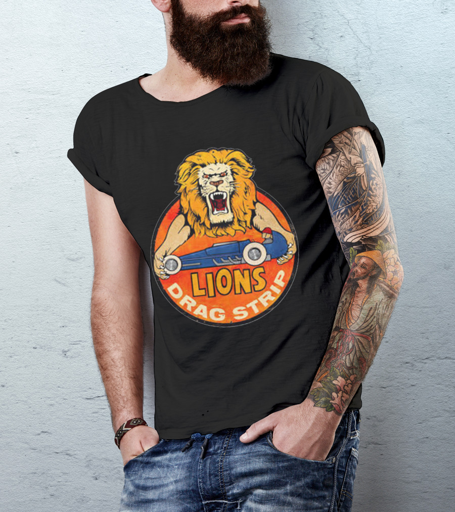 Lions Drag Strip Racing Emblem With Classic Car And Fierce Lion T-Shirt