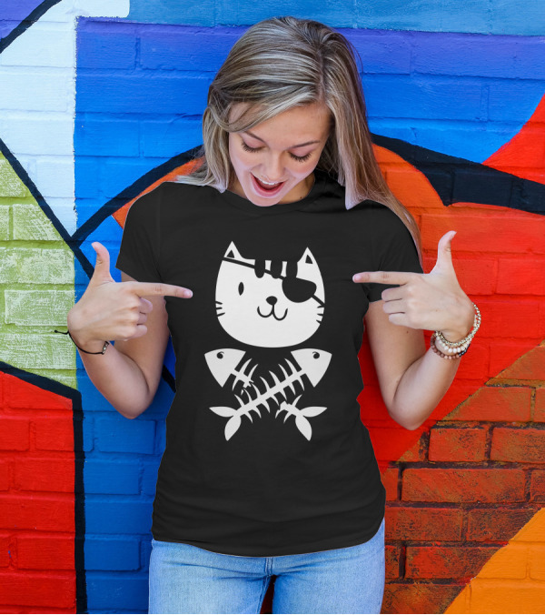 Cat Pirate With Eyepatch And Crossbones Fish T-Shirt