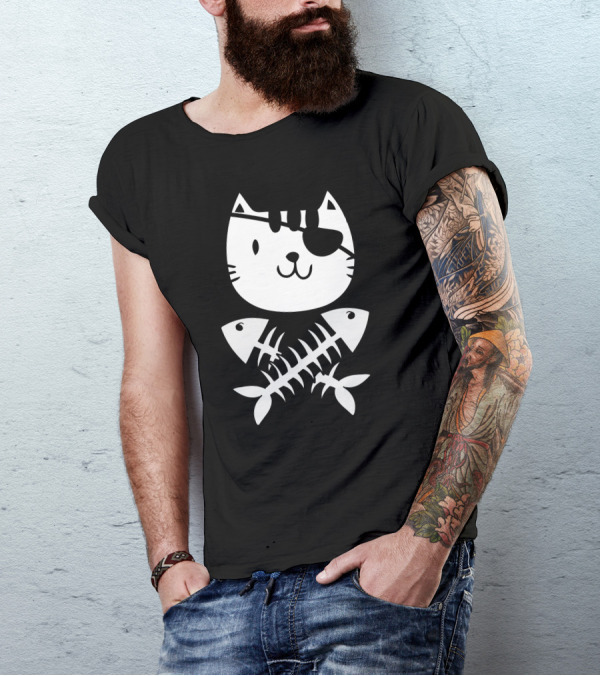 Cat Pirate With Eyepatch And Crossbones Fish T-Shirt