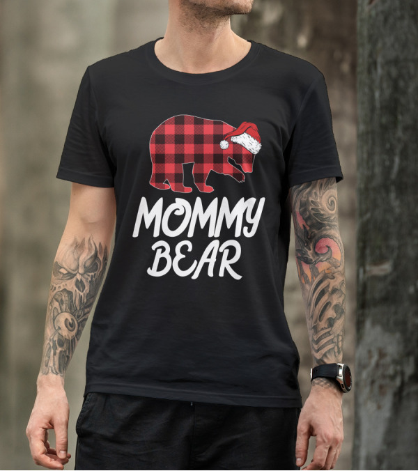 Mommy Bear Christmas Plaid Santa Hat T-Shirt