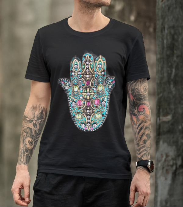 Colorful Hand Of Fatima Hamsa Symbol With Ornate Jewels T-Shirt