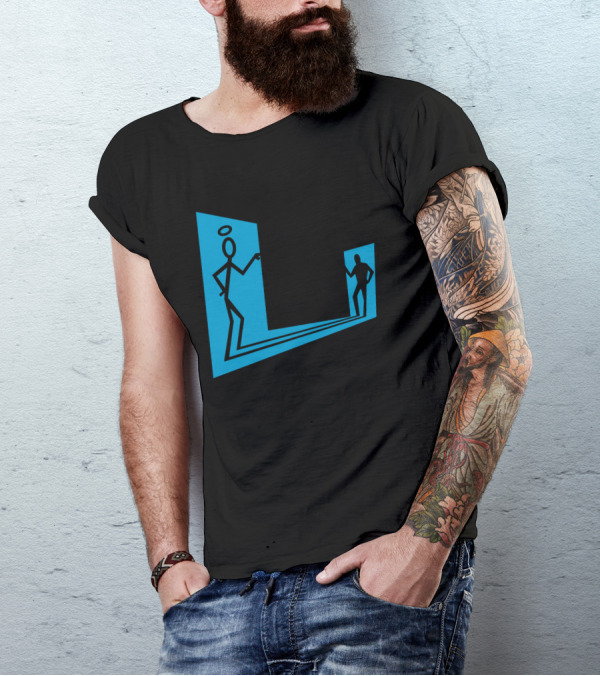 Enter The Saint Stick Figures With Halo And Shadow Silhouette In Blue Rectangular Frame T-Shirt