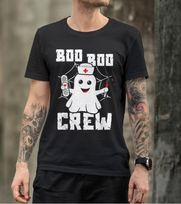 Ghost Nurse Halloween Boo Boo Crew Funny Costume With Bandage And Syringe T-Shirt