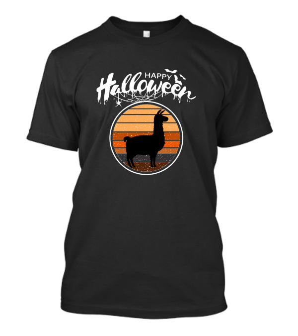 Happy Halloween Funny Llama With Sunset And Bats T-Shirt