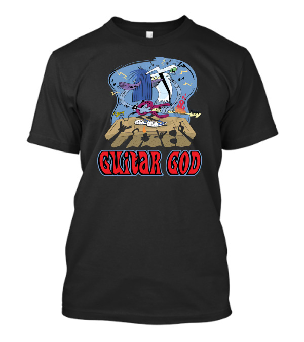 Guitar God Rocking Cartoon Character On Stage With Lightning And Audience Shadows T-Shirt