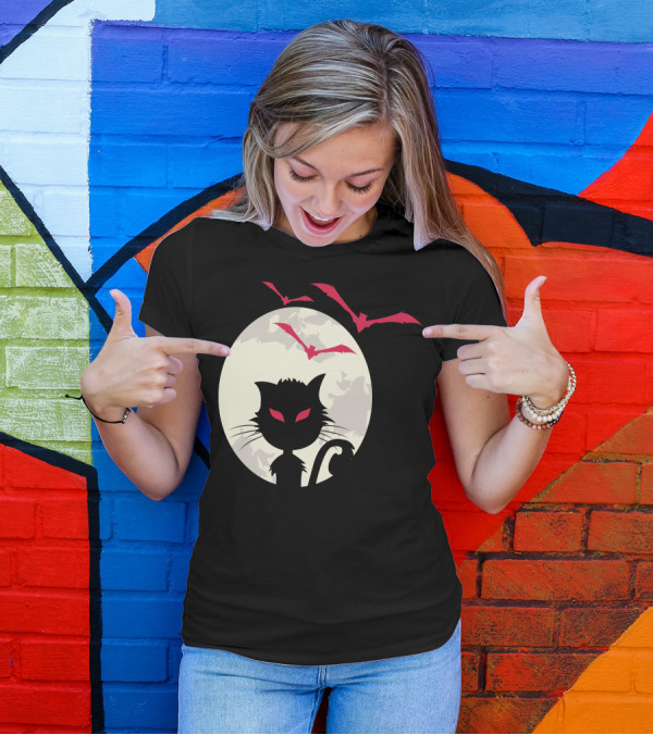 Halloween Bat Cat Silhouette With Red Bats And Moon T-Shirt