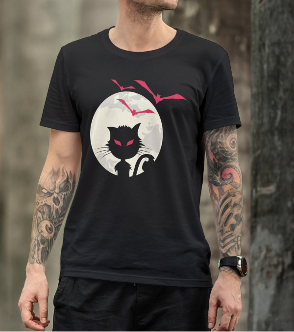 Halloween Bat Cat Silhouette With Red Bats And Moon T-Shirt