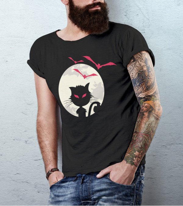 Halloween Bat Cat Silhouette With Red Bats And Moon T-Shirt
