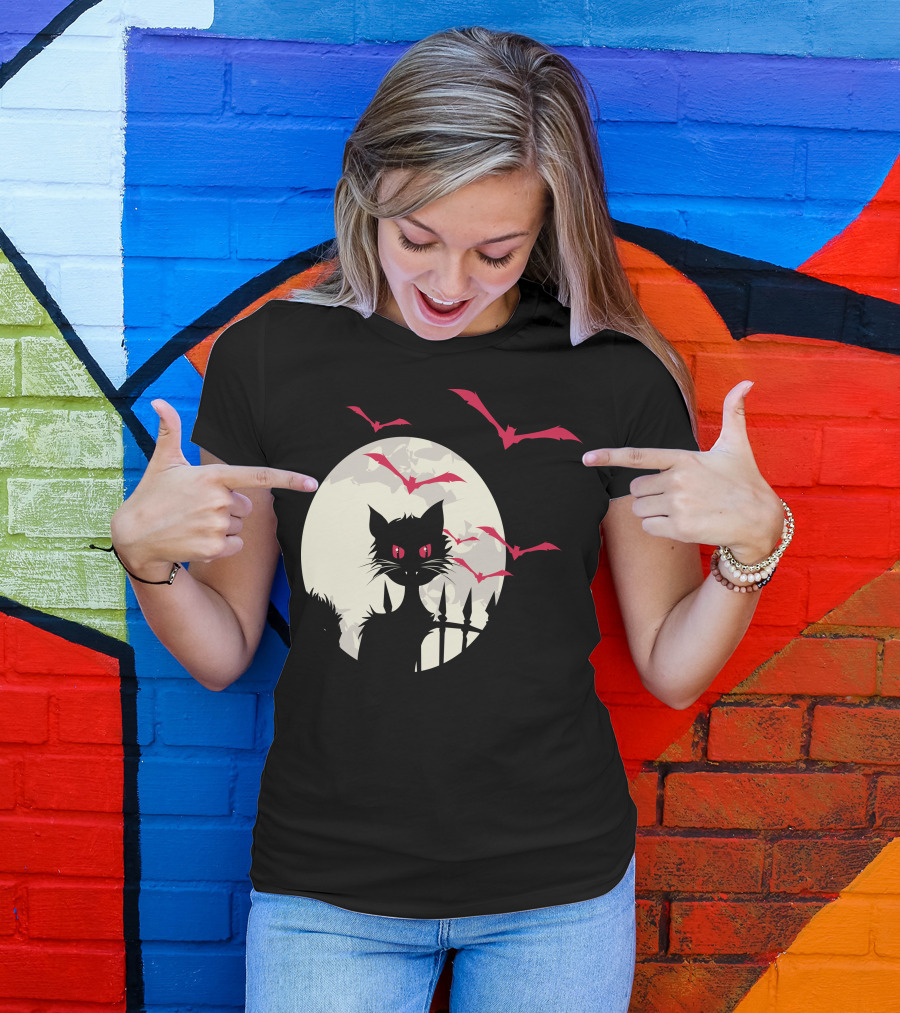 Halloween Cat With Red-Eyed Bats In Full Moon T-Shirt
