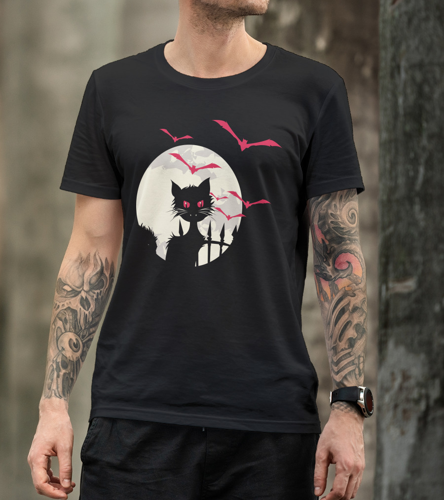Halloween Cat With Red-Eyed Bats In Full Moon T-Shirt