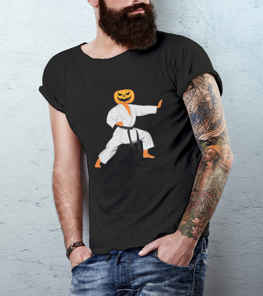 Halloween Karate Fighter Pumpkin Head Scary Martial Arts Jack-O'-Lantern T-Shirt
