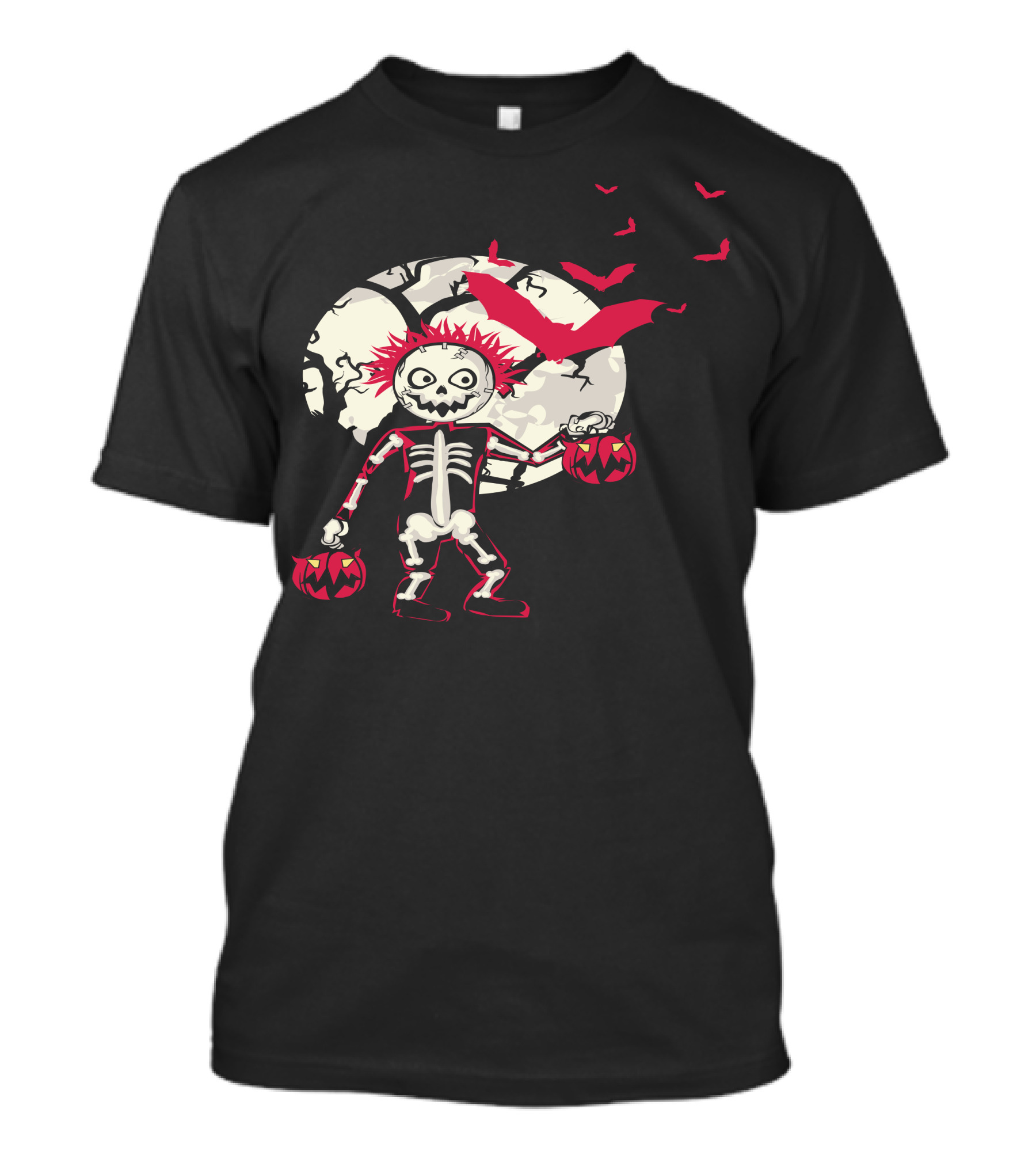Halloween Skeleton With Moon, Pumpkins, And Red Bats T-Shirt