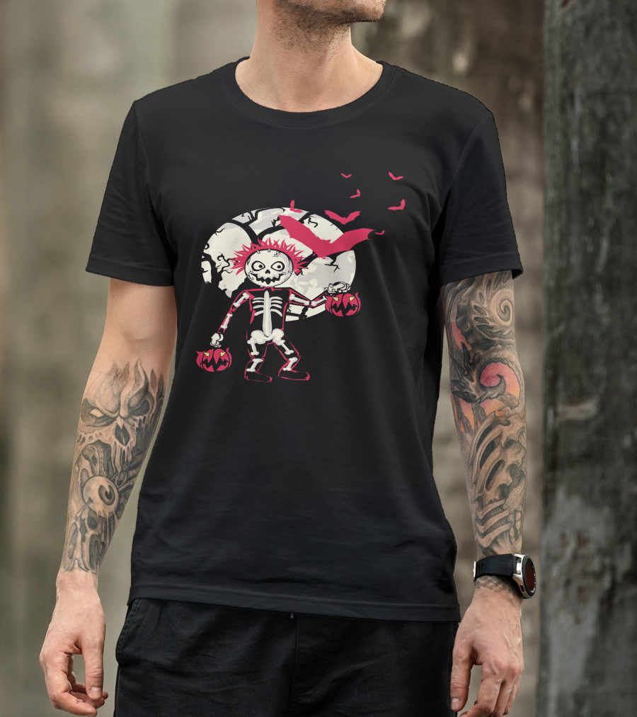 Halloween Skeleton With Moon, Pumpkins, And Red Bats T-Shirt