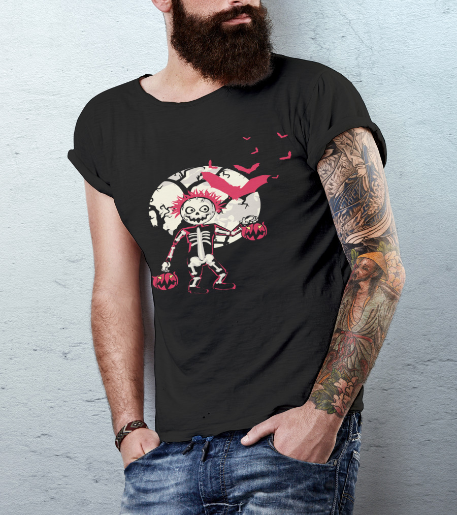 Halloween Skeleton With Moon, Pumpkins, And Red Bats T-Shirt