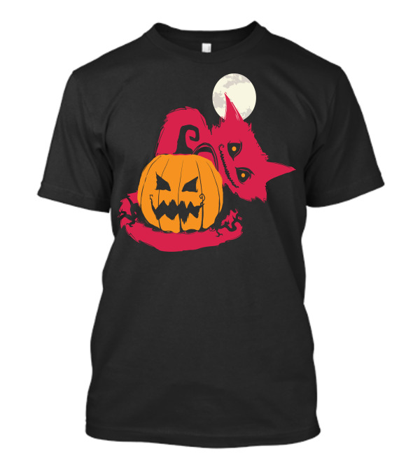 Halloween Pumpkin Cat With Moon And Mischievous Grin T-Shirt