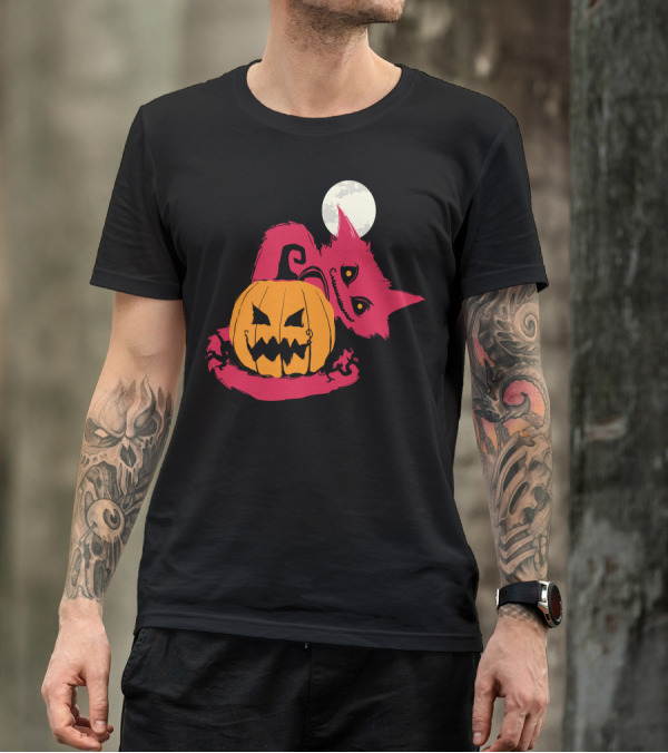 Halloween Pumpkin Cat With Moon And Mischievous Grin T-Shirt
