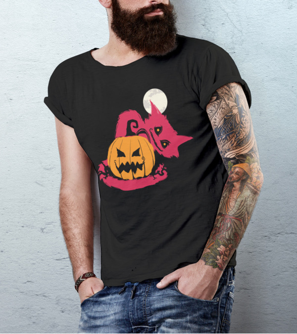 Halloween Pumpkin Cat With Moon And Mischievous Grin T-Shirt