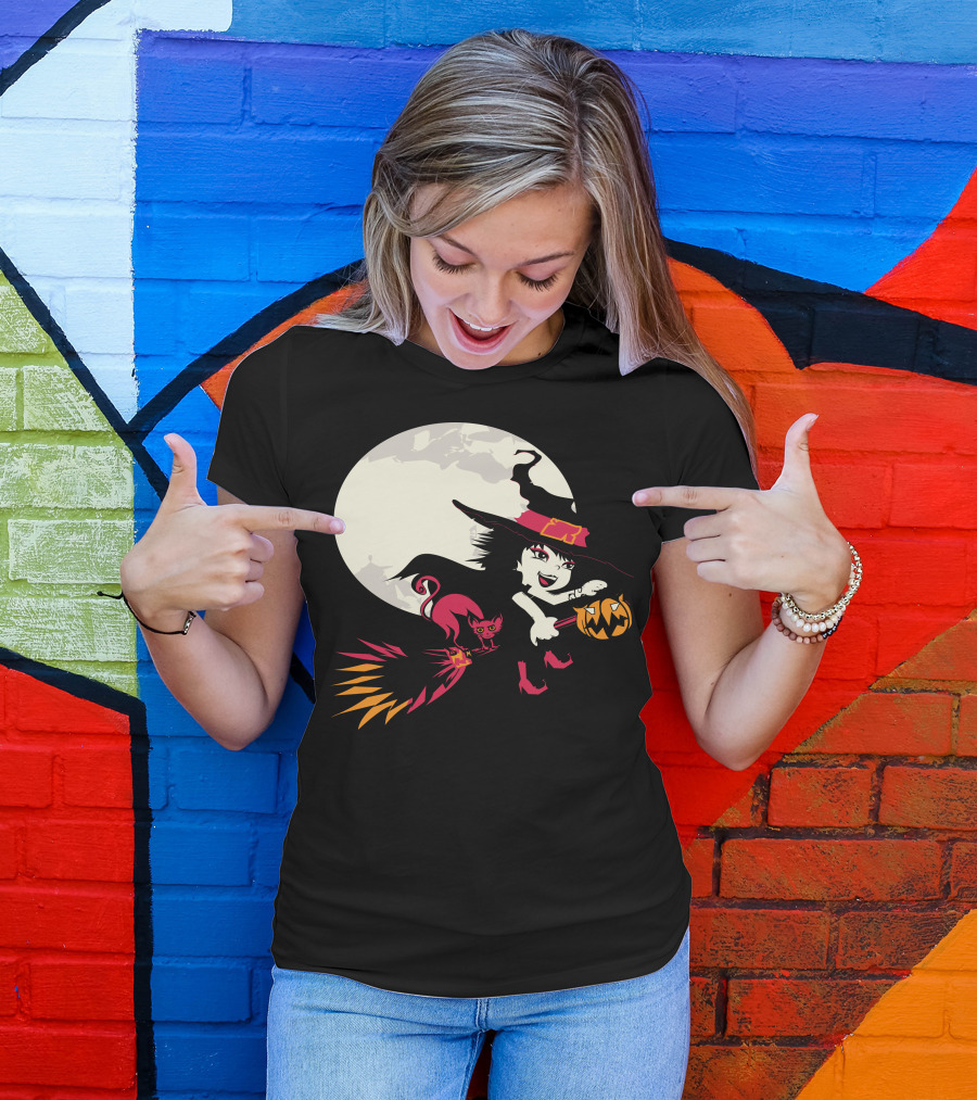 Witch And Cat Flying With Pumpkin Under Full Moon T-Shirt