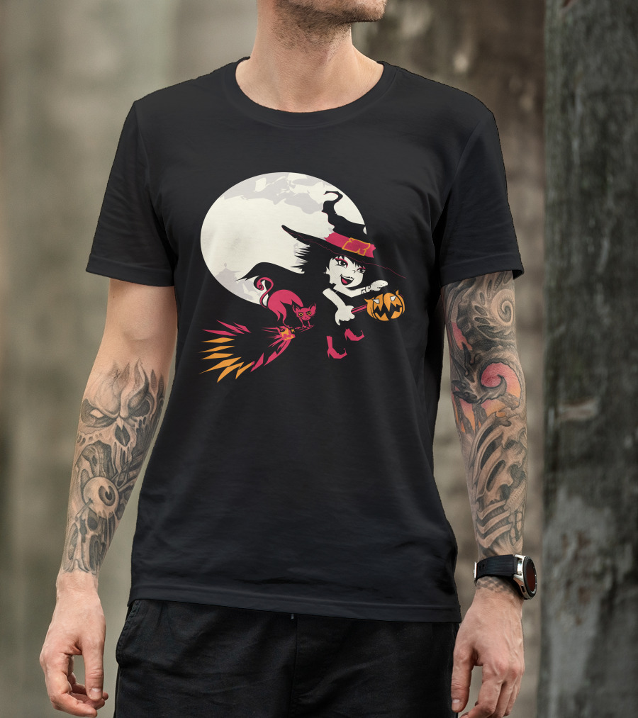 Witch And Cat Flying With Pumpkin Under Full Moon T-Shirt
