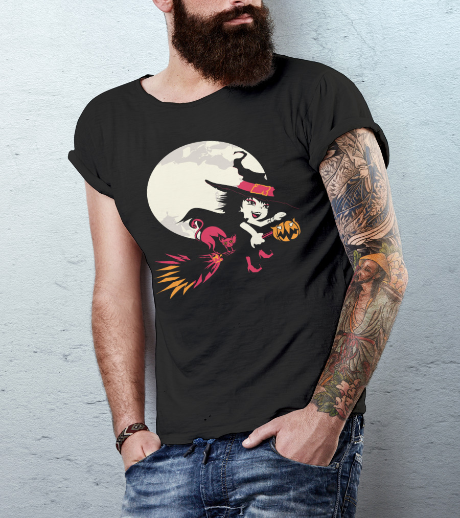 Witch And Cat Flying With Pumpkin Under Full Moon T-Shirt