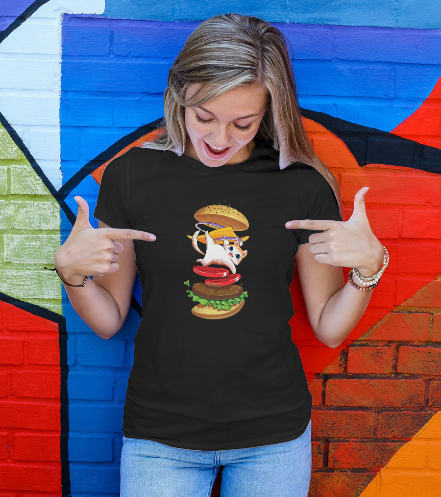 Hamburger Cat Whimsical Stack Of Burger Ingredients T-Shirt
