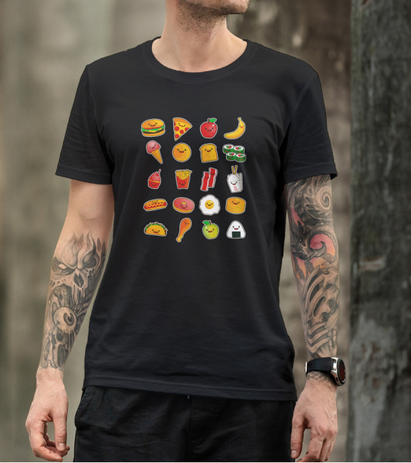 Happy Food New Cute Smiley Pizza Sushi Burger Taco Banana Icons T-Shirt