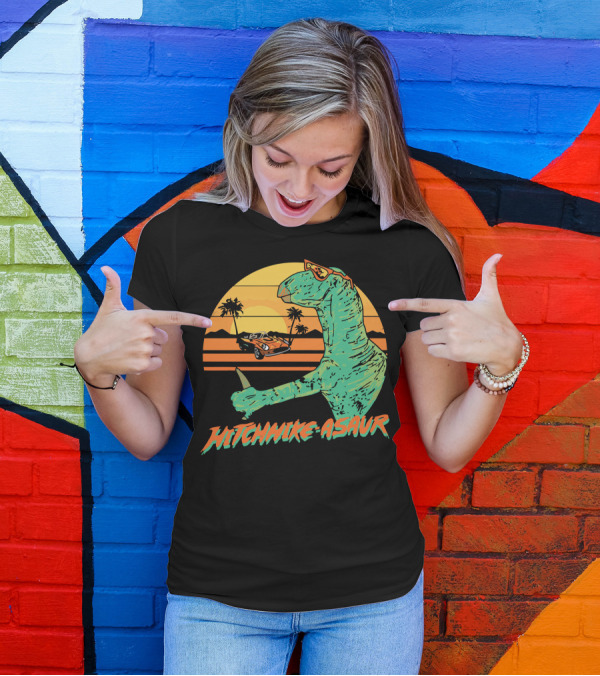 Hitchhike Asaur Sunset Dinosaur With Car And Palm Trees T-Shirt