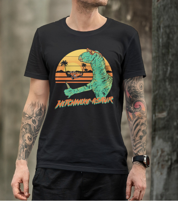Hitchhike Asaur Sunset Dinosaur With Car And Palm Trees T-Shirt