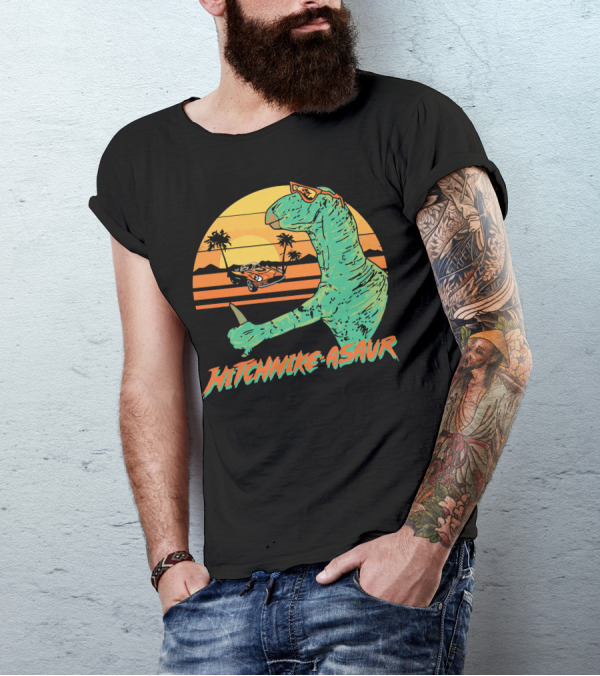 Hitchhike Asaur Sunset Dinosaur With Car And Palm Trees T-Shirt