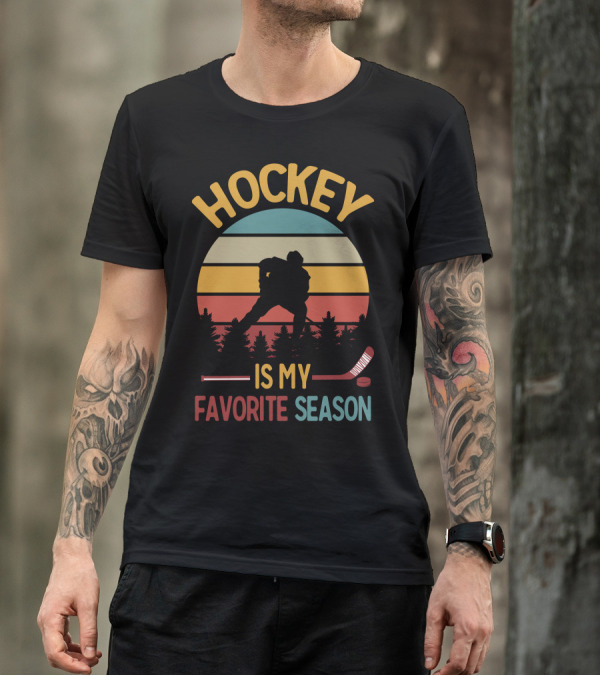 HOCKEY IS MY FAVORITE SEASON Retro Sunset Silhouette With Stick And Puck T-Shirt