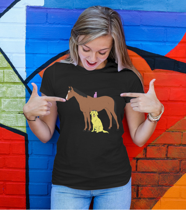 Horsin' With Yellow Dog And Pink Cat Riding Horse T-Shirt