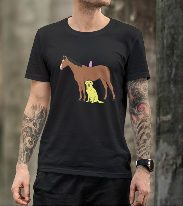 Horsin' With Yellow Dog And Pink Cat Riding Horse T-Shirt