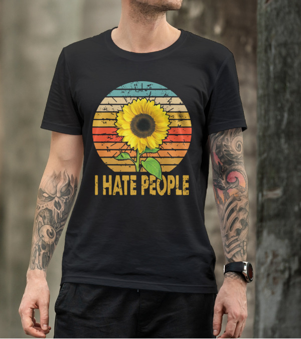 I Hate People Sunflower Retro Stripes T-Shirt