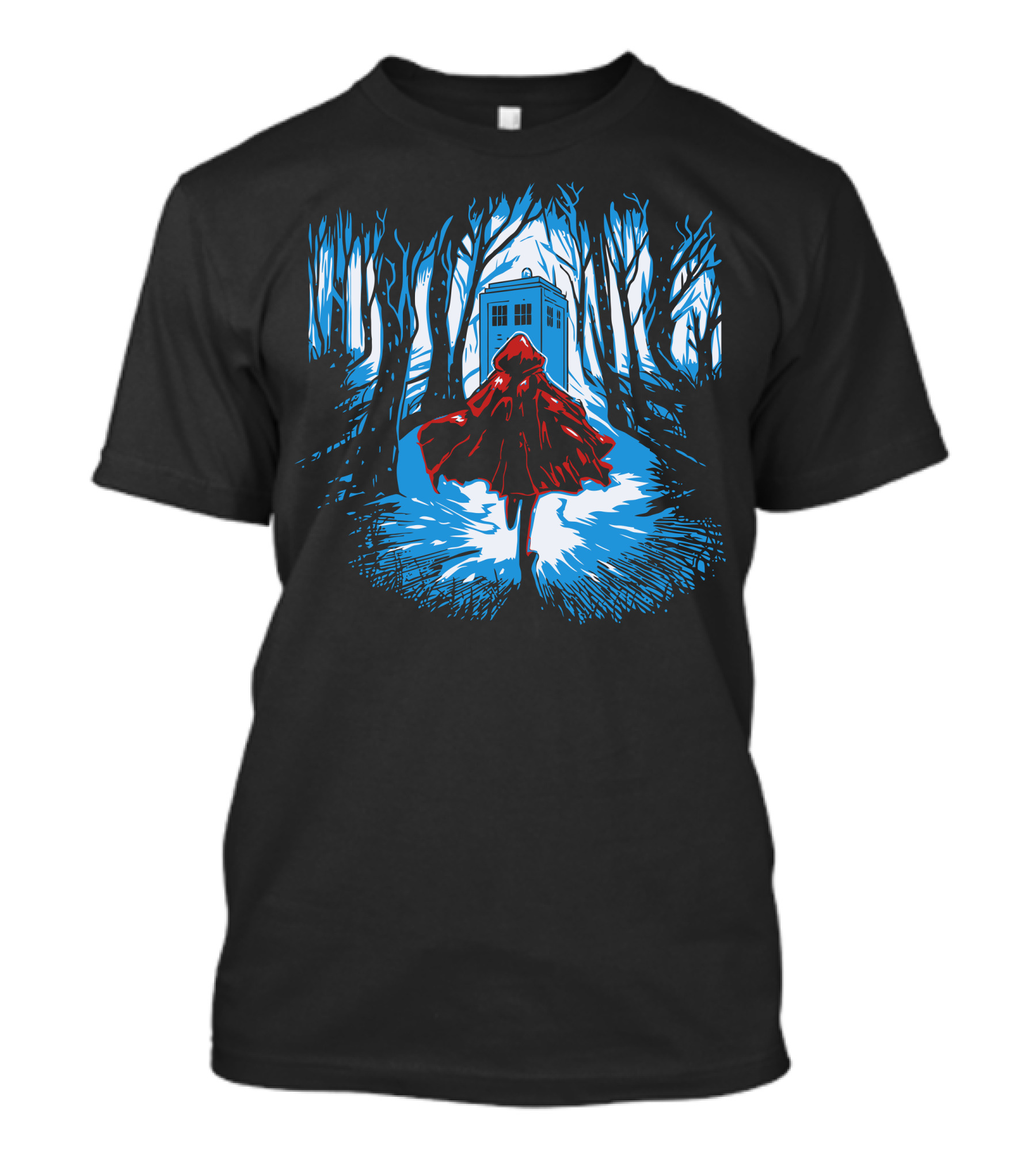 Little Red Riding Hood Walking Toward Tardis In Doctor Who Forest Scene T-Shirt