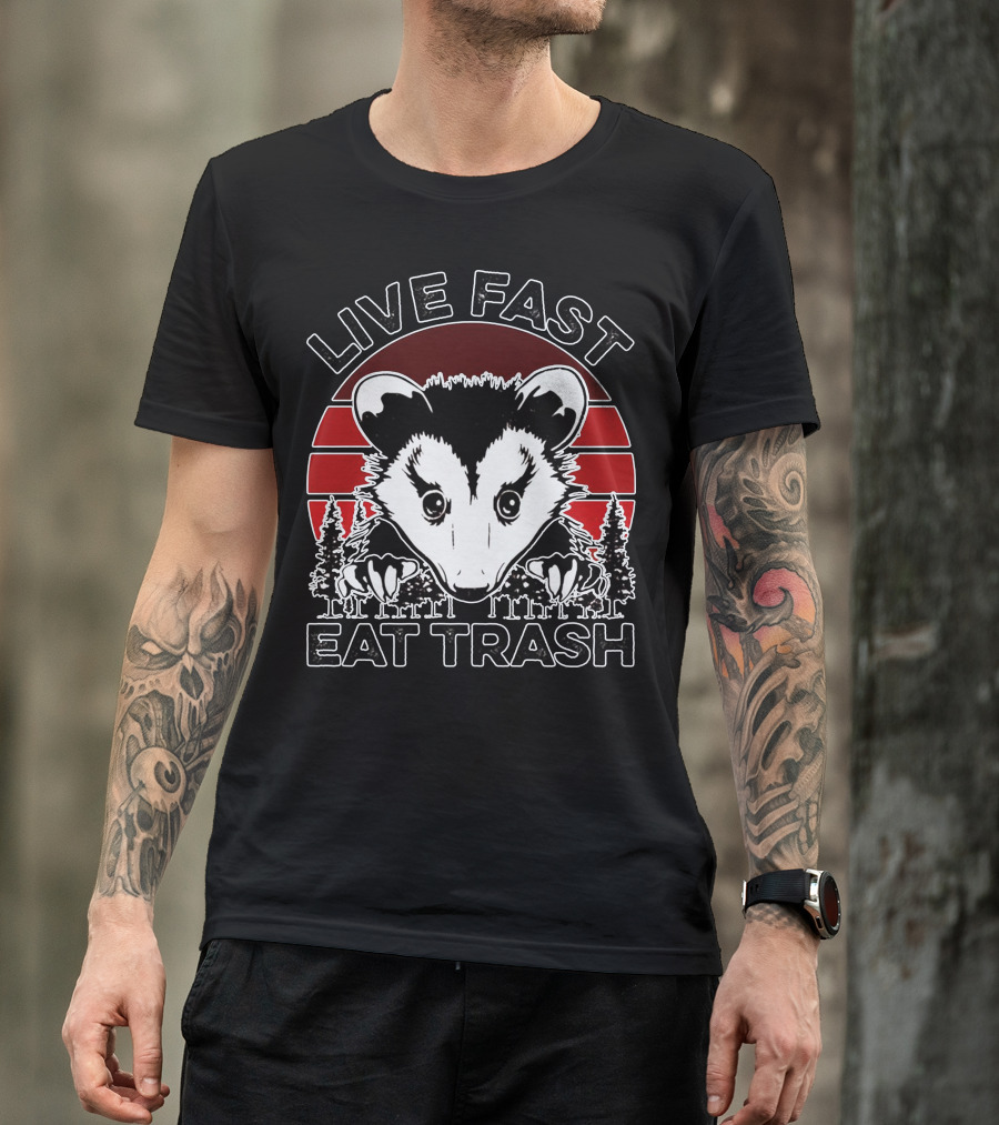 Live Fast Eat Trash Possum Vintage Sunset Forest T-Shirt
